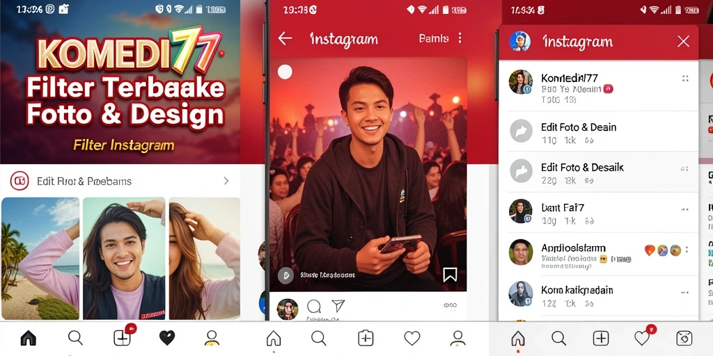 Tampilan antarmuka KOMEDI77 dengan berbagai pilihan filter Instagram.