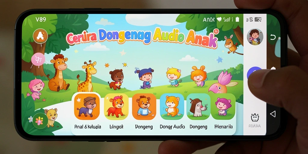 Screenshot antarmuka V89 yang menunjukkan koleksi cerita dongeng audio.